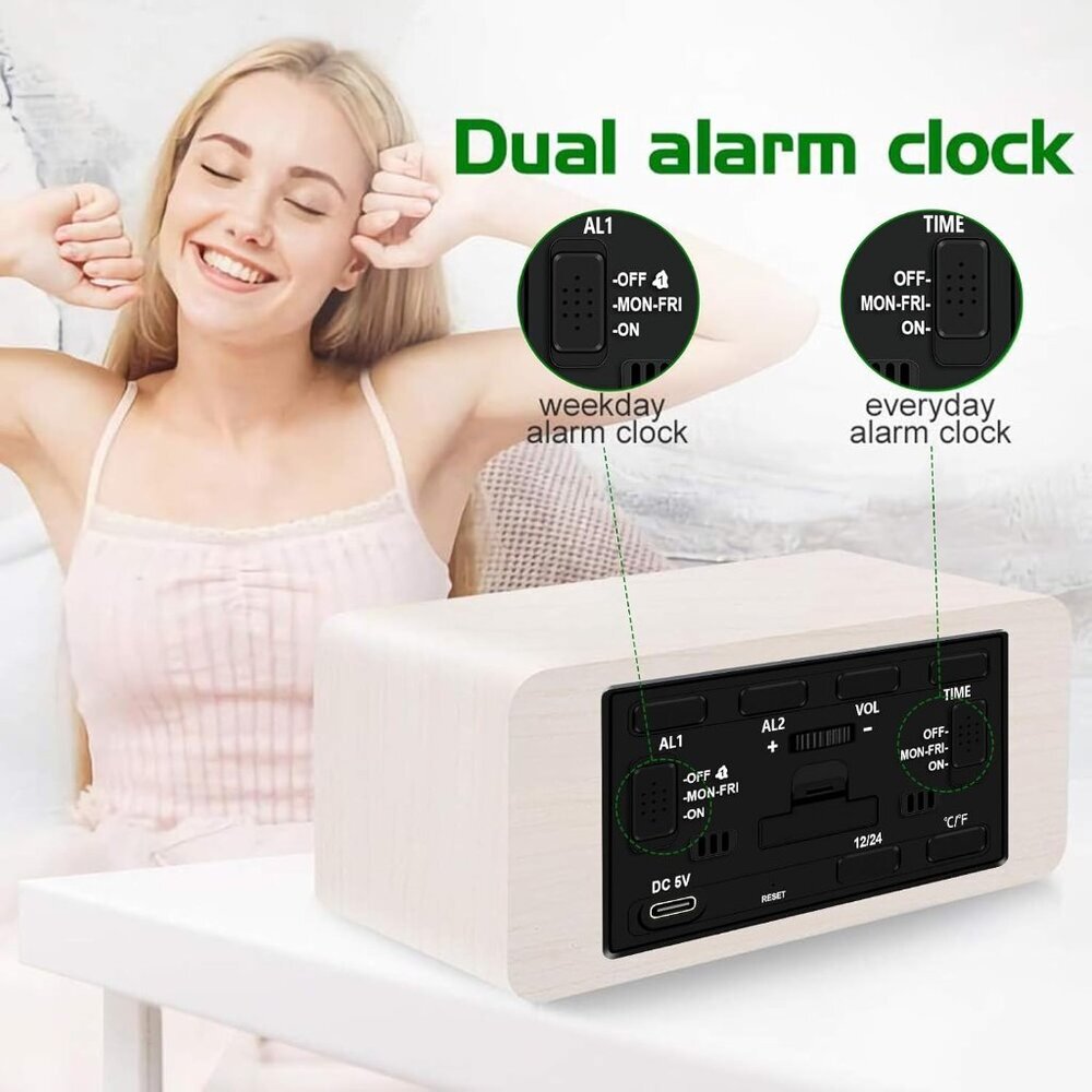Digital Wooden Alarm Clock with Wireless Charging, 0-100% Dimmer, Dual Alarm, We - Picture 5 of 8